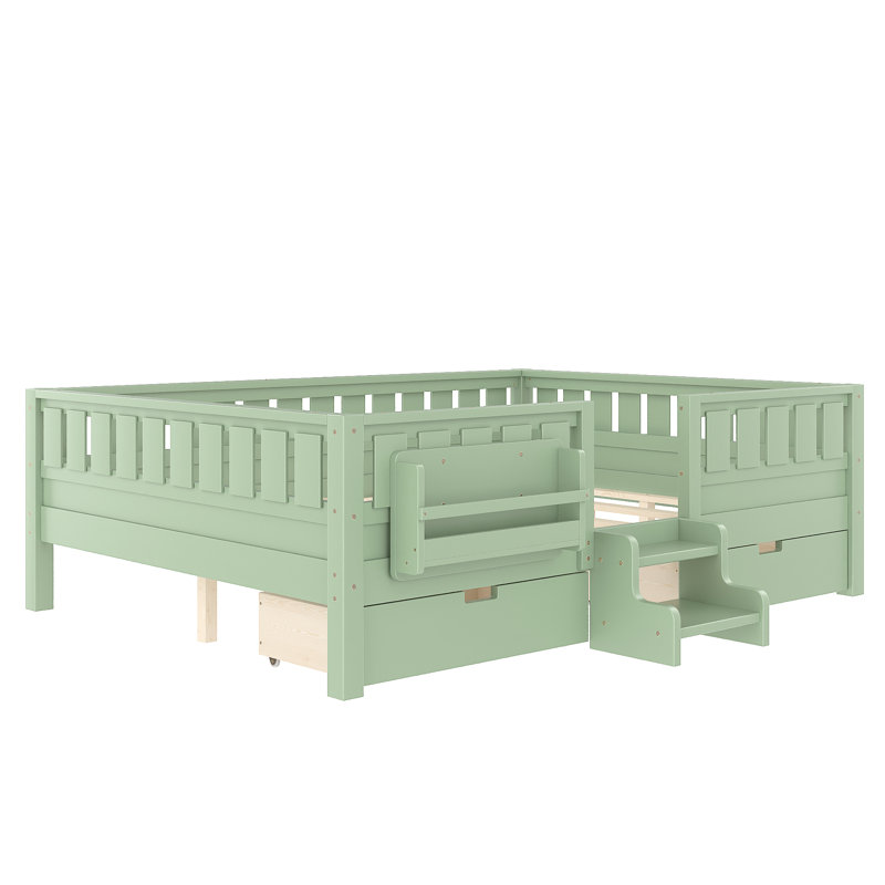 Lit Queen Size avec étagères et tiroirs de rangement, escalier sécuritaire, barrières de sécurité, vert, Grand lit