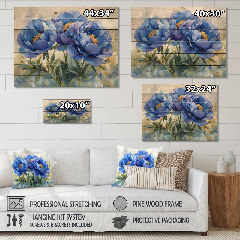 Pivoines bleues dans la prairie II - Décoration murale en bois de pivoines - sur bois de pin naturel