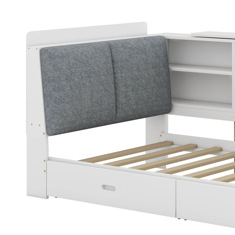 Lit plateforme en bois avec tête de lit, tablettes et tiroirs, Blanc