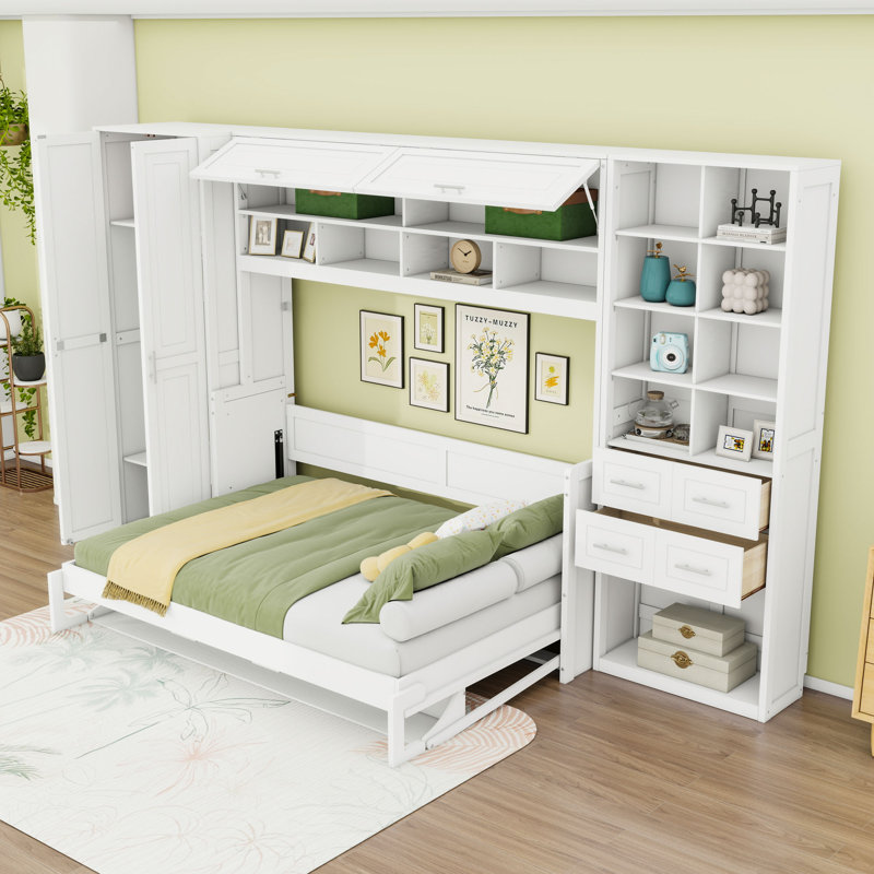 Lit escamotable avec rangement intégré et aménagement personnalisable, Double, Blanc