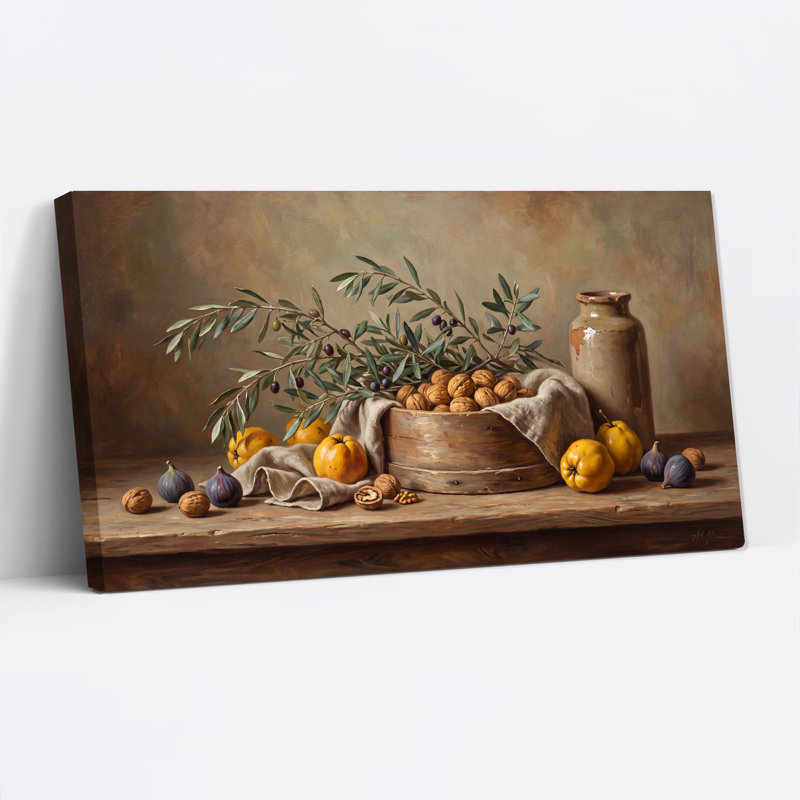 Tableau sur toile représentant un bol en bois de fruits et de noix avec une branche d'olivier, L 20 po x H 10 po