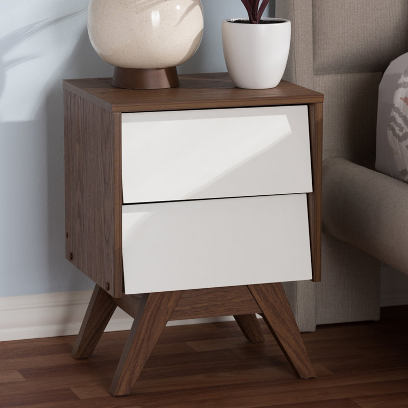 Cravens 2-Drawer Nightstand in White and Walnut Finished Wood,  21.5'' H X 15.75'' W X 13.75'' D