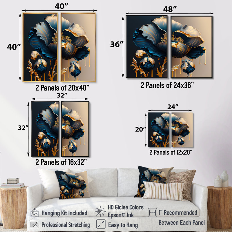 Bleu profond et fleur simple or V - impressions sur toile bleues 2 pièces, Noir, noir, noir, noir, H 36 po x l 48 po