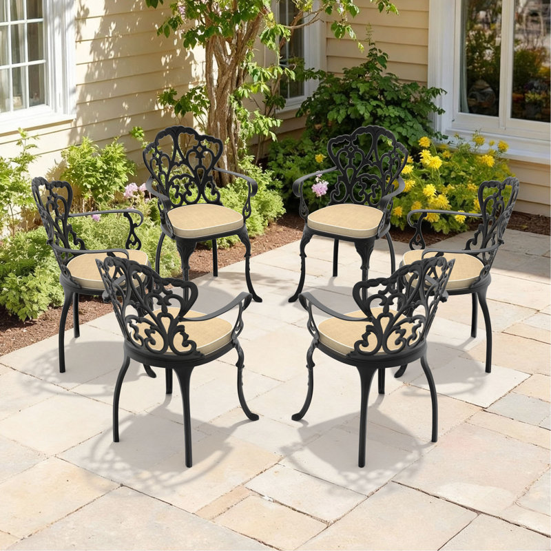 Chaise de patio en fonte d'aluminium 6 pièces avec structure et coussins noirs, 6, Blanc cassé