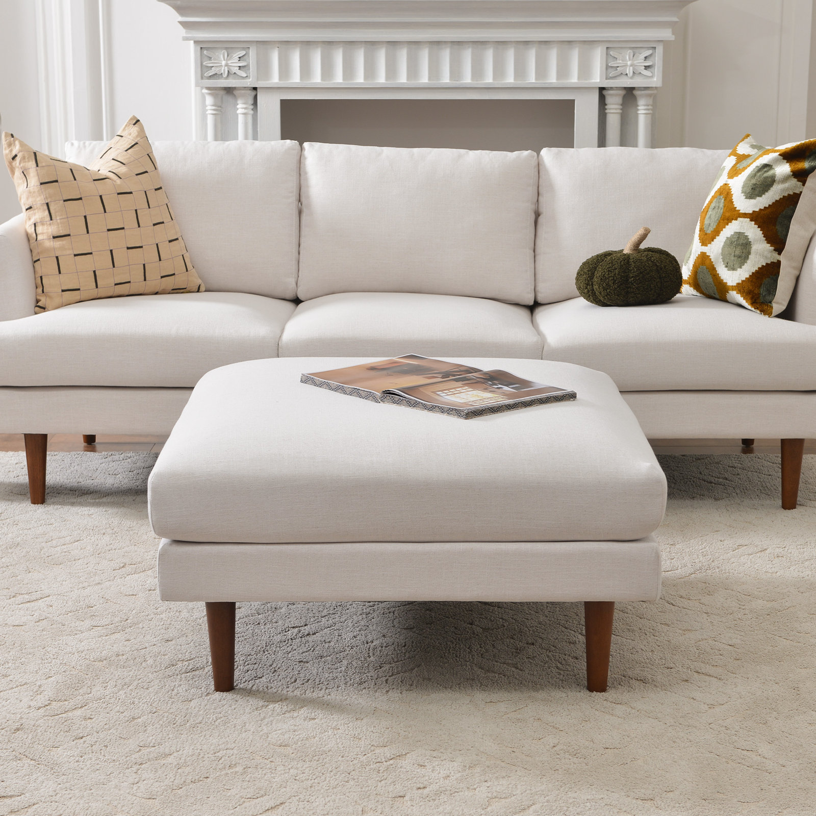 Miller 36" Linen Ottoman, Ivory, 19" H x 36" W x 36" D