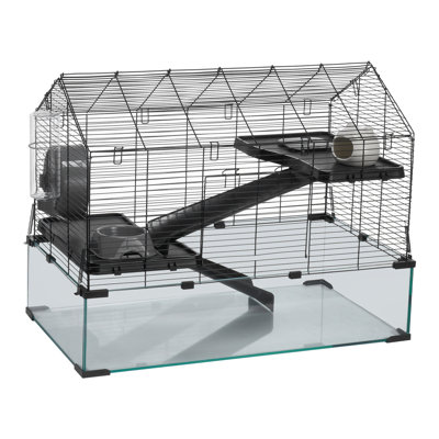 Cage à hamster en métal noir avec base en verre trempé pour petits rongeurs