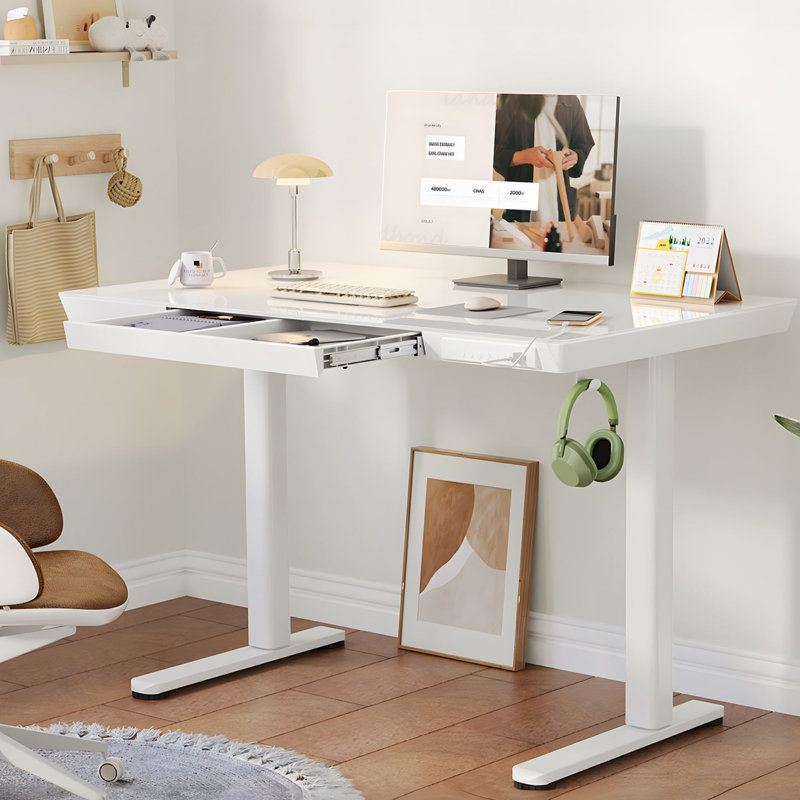 Bureau debout à hauteur ajustable en verre trempé, bureau d'ordinateur avec tiroir et charge USB, Blanc