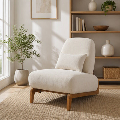 30.1"H Modern Armless Lounge Chair, Curved Wood Base, Linen Cushion with Lumbar Pillow, High Back, Cream White, for Living Room/Bedroom/Reading Nook.