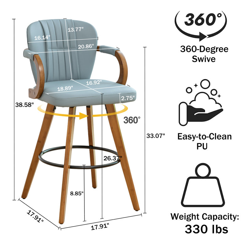 Modern Upholstered Leather Swivel 26 inch Bar Stools & Counter Stools, Counter Stool (26” Seat Height), Blue