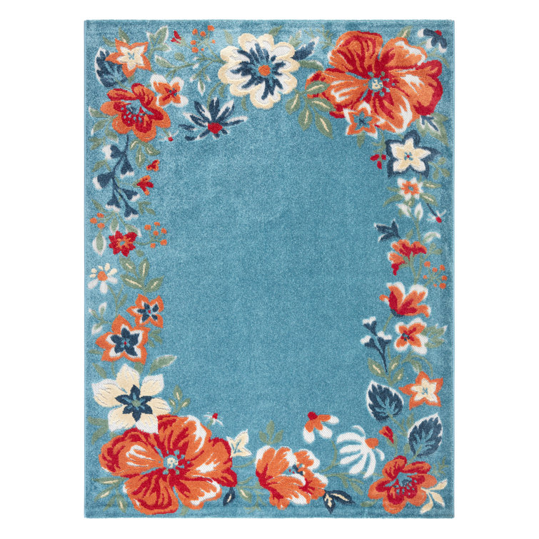 TOWN & COUNTRY EVERYDAY Hibiscus Bloom Border Modern Floral Outdoor Rug Light Blue/Red