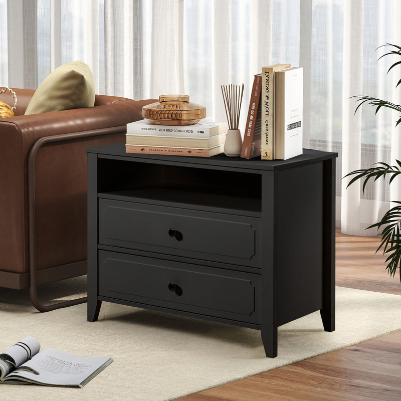 29.9" W Wood Nightstand With Two Drawers, Black