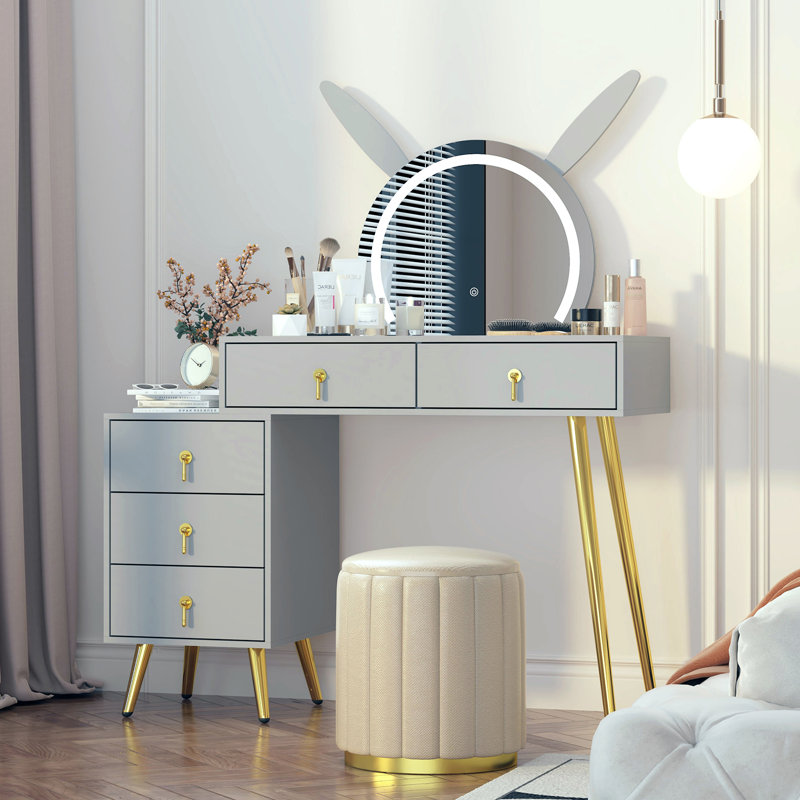 Tamme With Mirror and LED Lights, 5 Drawers Metal Legs, Grey