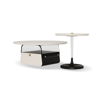 Table basse ronde 35,43 po blanc crème + bois manufacturé noir + acrylique