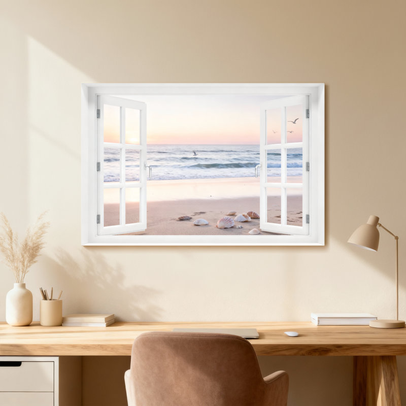 Paysage et nature Plage Coucher de soleil Océan Vagues Coquillages Ciel Oiseaux, Toile tendue, Ne s’applique pas