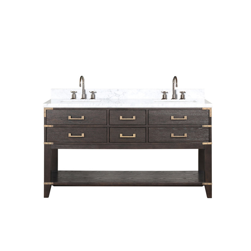 Ensemble de meuble-lavabo double P 22 po, comptoir en marbre de Carrare et robinet, Chêne brun