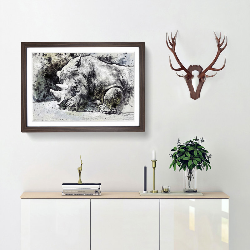 Resting Rhino in Abstract - Picture Frame Painting Print, Walnut Framed, 48cm H x 65cm W x 2cm D