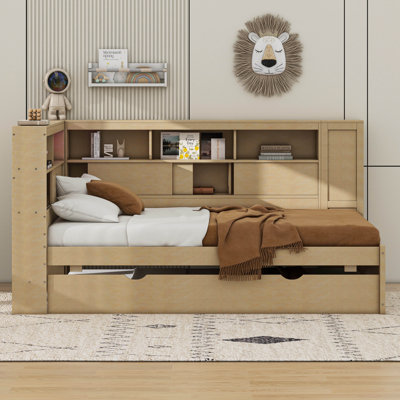 Twin Size Wood Daybed With Storage Shelves, USB And Trundle