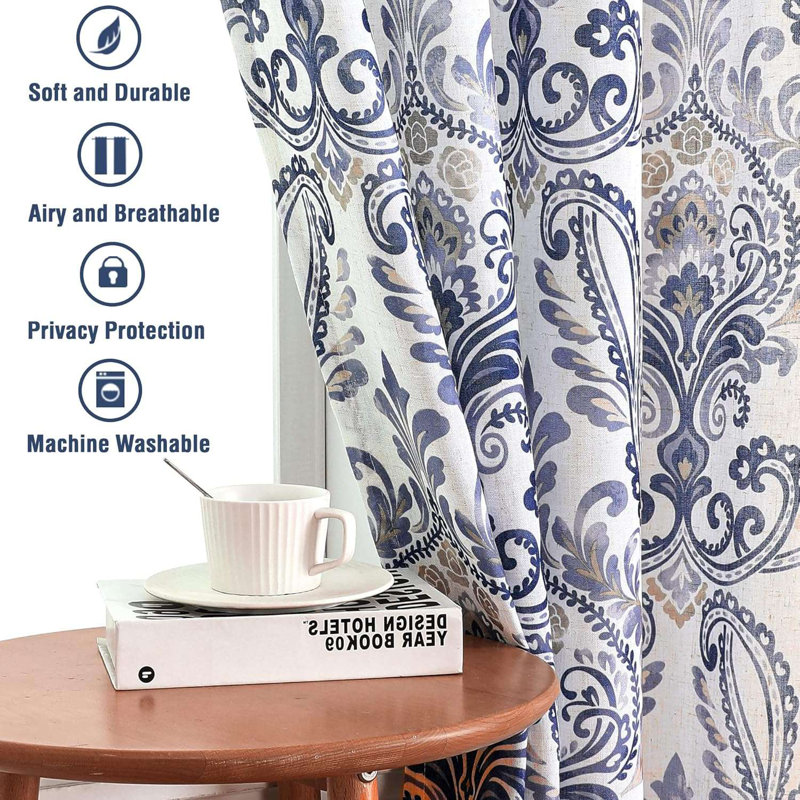 Linen Curtains Damask Floral Natural Linen Textured Curtains for Living Room Drapes Vintage Floral Pattern Privacy Added Light Filtering Mid-Century Style 2 Panels