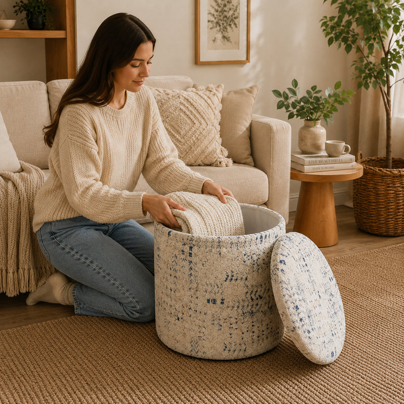 Hugh 40cm Wide Round Abstract Footstool Ottoman