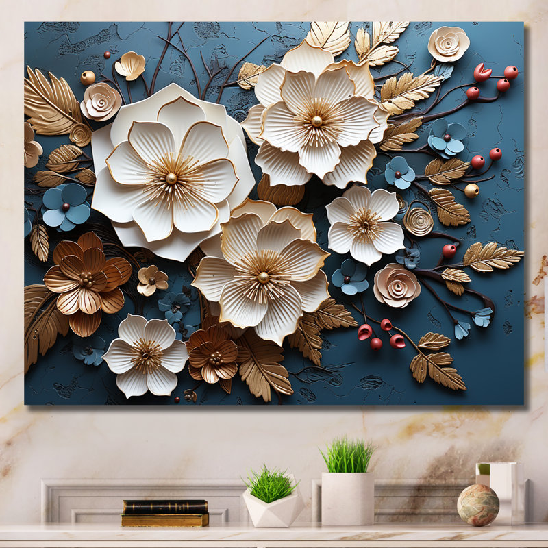 Orchidée bleue et blanche dorée de branches V - art mural floral abstrait, H 12 po x l 20 po x P 1 po, Toile tendue