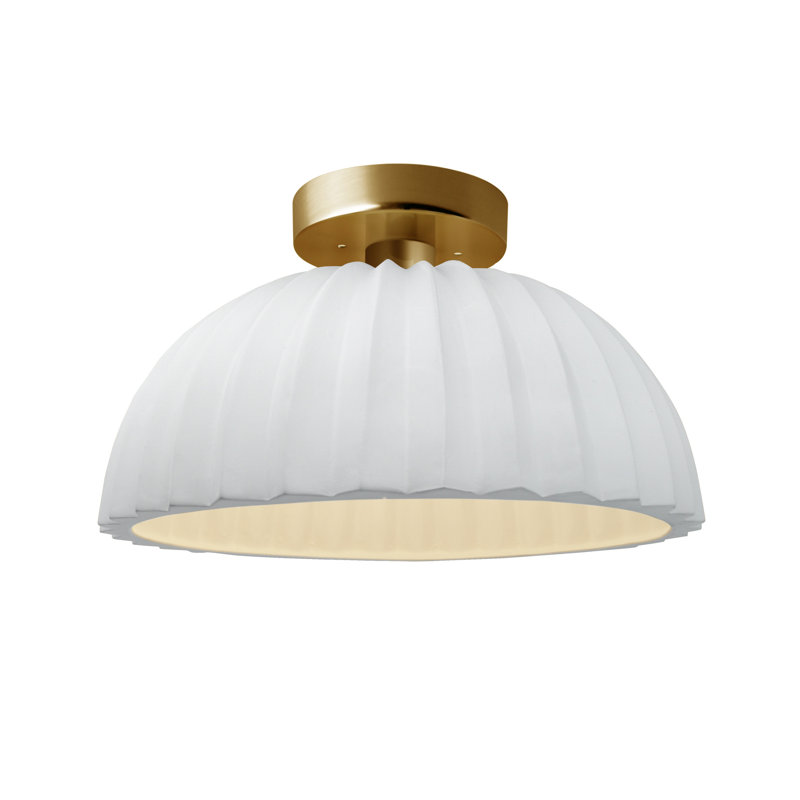 Radiance - Pleated Dome Semi-Flush - Gloss White (outside and inside of fixture) - Brushed Brass - Replaceable Bulb, 100