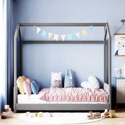 Lit simple en velours gris avec toit de maison de jeu et bandes de tête de lit, idéal pour le développement cognitif, pin, L 80,3 po x l 41,2 po H 75 po, sans sommier semi-fermé, pin