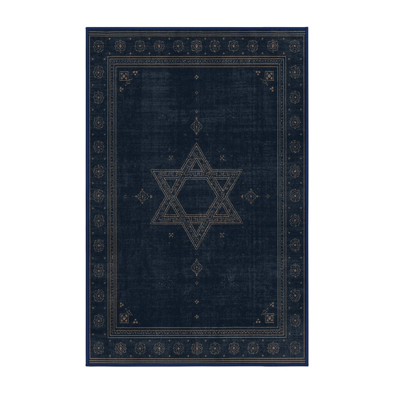 Soft Plush Esquibel Hanukkah Modern & Contemporary Abstract Area Rug in Gray – Navy Binding, 2x4