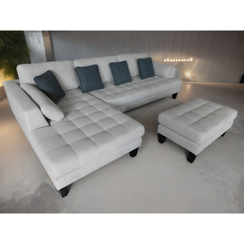 Canapé modulaire en microfibre avec repose-pieds Pritesh, Accoudoir à gauche (vu de face), Microfibre/microsuède gris clair