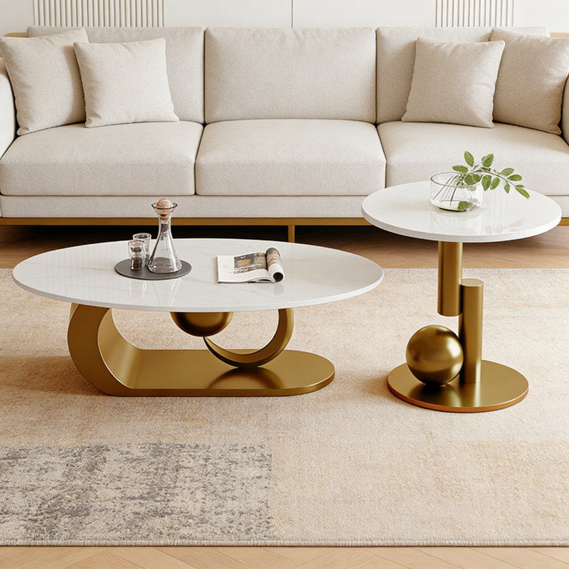 Ensemble de tables basses Modern, H 15,75 po x L 51,18 po x l 27,56 po, Blanc, Or