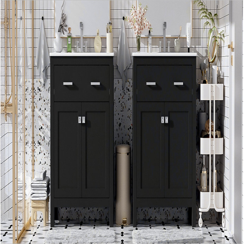 Ensemble de meuble-lavabo moderne 60 po noir avec lavabos doubles (séparés), lavabos doubles en céramique, tablette réglable, portes à fermeture en douceur et tiroir rabattable - Solution de salle de bain moderne pour salles de bain spacieuses