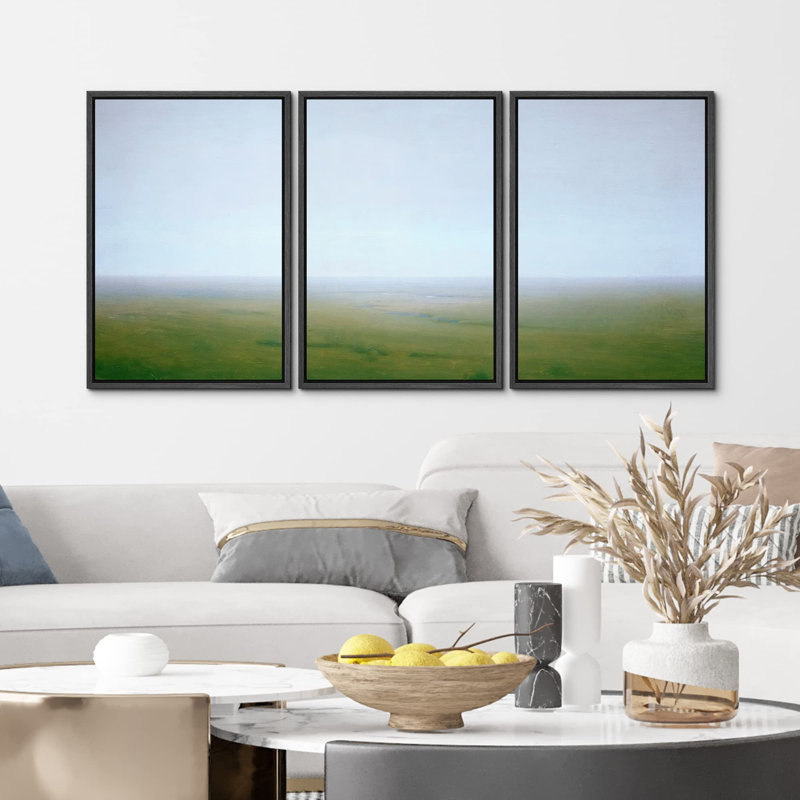 "Vue aérienne brumeux vert champ campagne nature numérique moderne décor zen bohémien minimalisme" 3 pièces, Noir