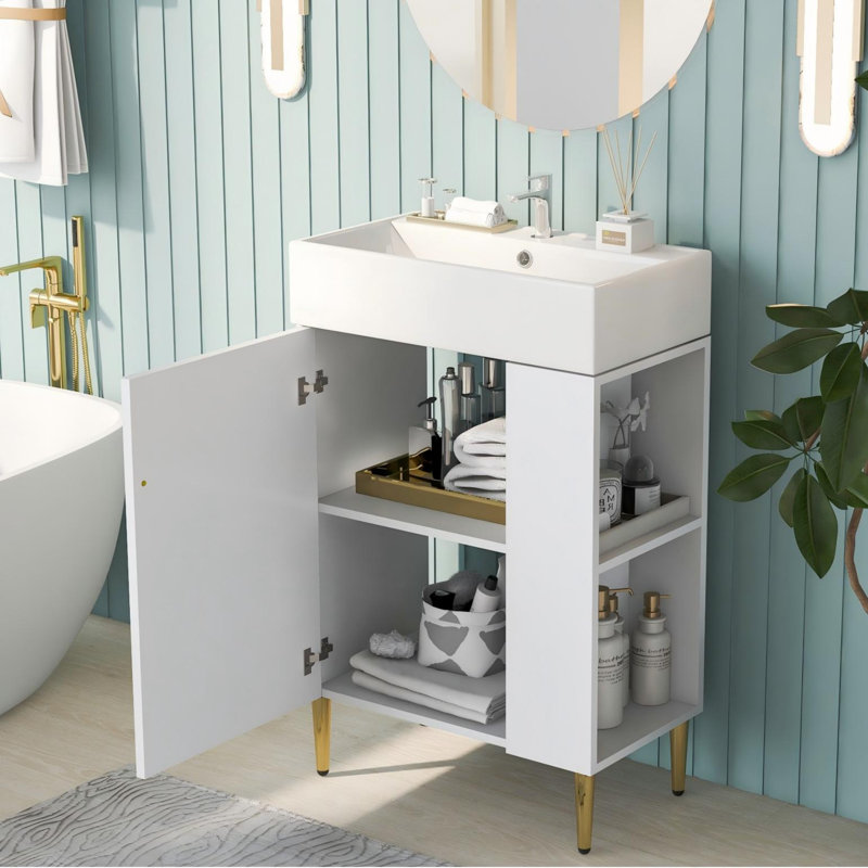 Meuble-lavabo autoportant avec comptoir en marbre et lavabo simple en céramique
