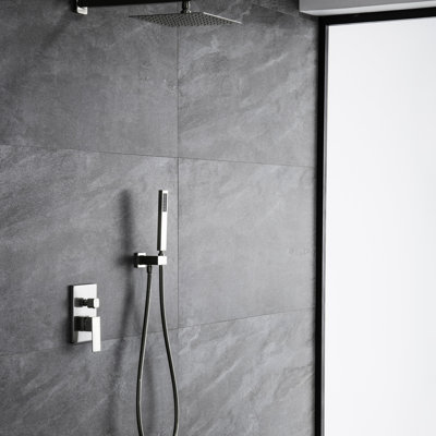Wall Mounted 10" Shower Faucet, Square Hand Shower, Brushed Nickel, Balance Valve, 2 Heads, Solid Brass Rainfall With Nickel Finish, Brass, Design