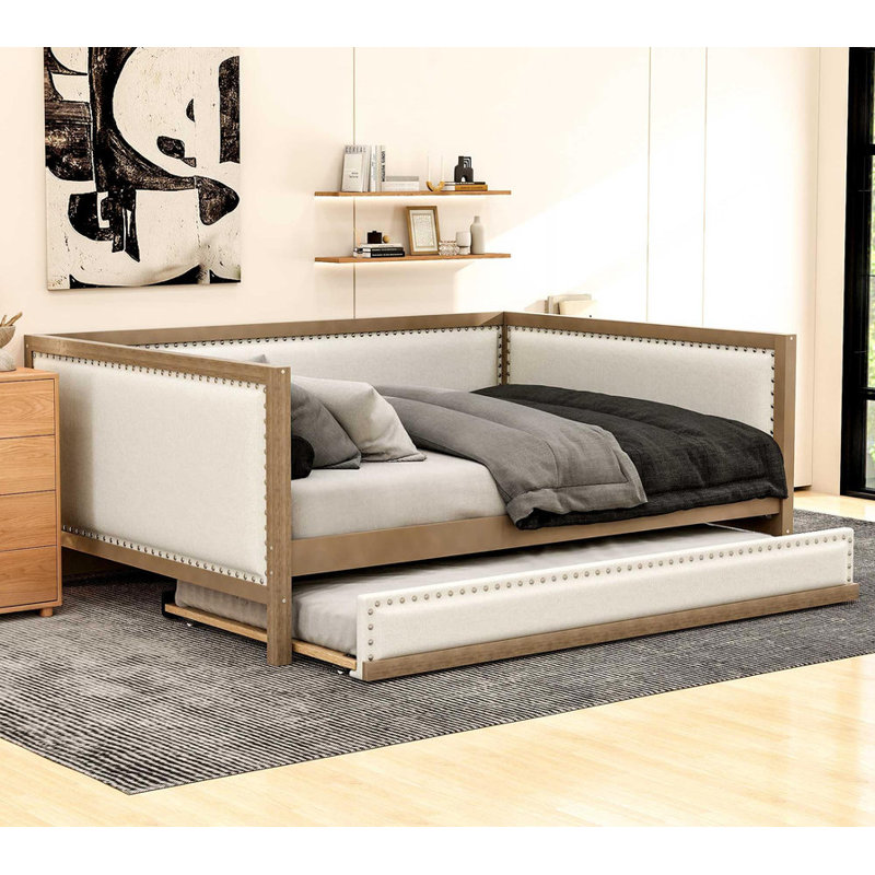Full - Size Wood - Colored Upholstered Daybed with Trundle – Nailhead Decoration, Stylish & Practical
