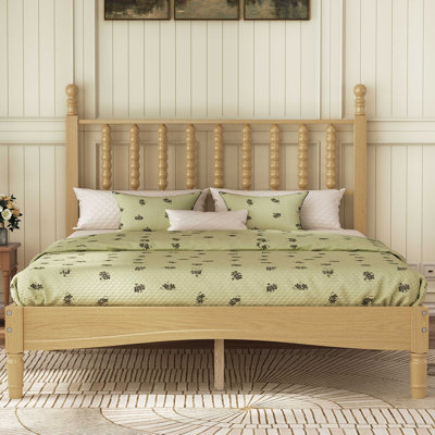 Wood Platform Bed With Gourd Shaped Headboard,Retro Style Platform Bed With Wooden Slat Support
