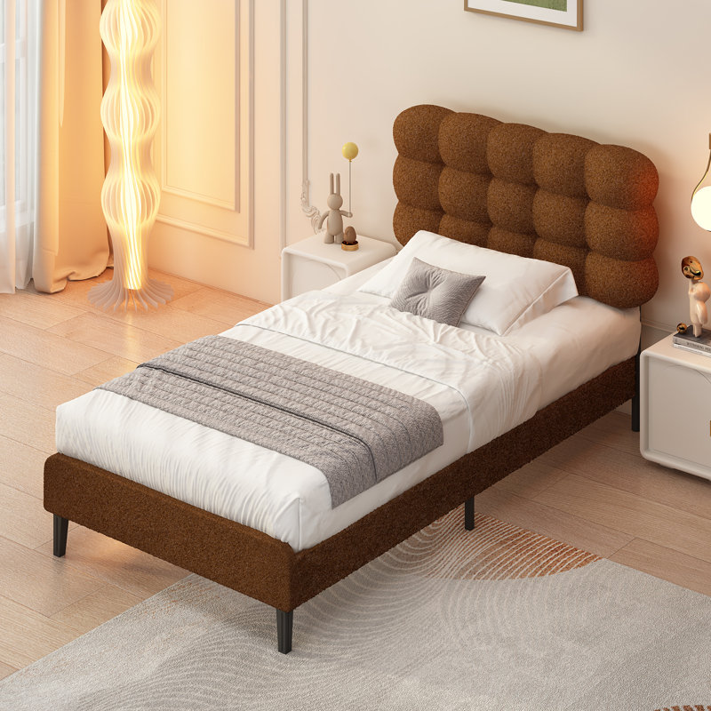 Aadi Upholstered Headboard, Platform Bed with Strong Wooden Slats Support, Two Bed Forms Design, Twin, Brown