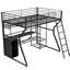 Lit mezzanine double en métal avec poste de travail intégré, garde-robe ouverte et conduit pour une chambre à coucher silencieuse