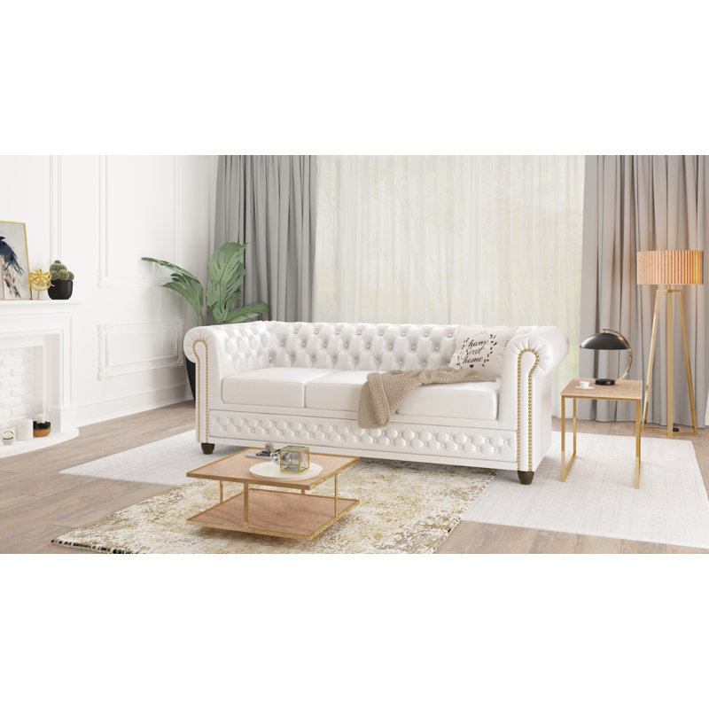 Chesterfield  Sofa 3 Seater Made of Vegan Leather with Solid Wood Legs, White