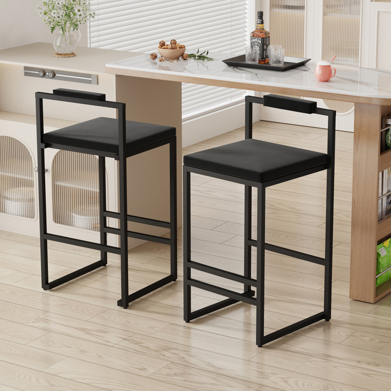 Modern Velvet Upholstered Bar Stools Set of 2 Counter Height Dining Chairs with Footrest &  Back Support for Kitchen (Black & Black)