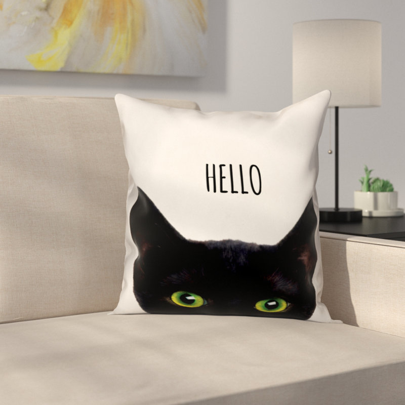 Hello Black Cat Throw Pillow Cover, 18" x 18"