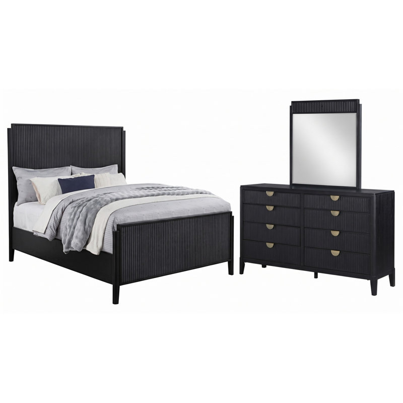 Ensemble de chambre moderne 3 pièces, pour chambre à coucher, Noir, Lit; commode; miroir, Grand lit