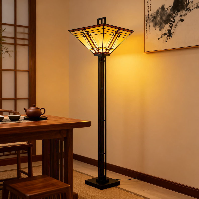 Tiffany Style Floor Lamp With Stained Glass Shade, 69-Inch Tall Mission Industrial Torchiere Standing Lamp For Living Room, Bedroom, Or Office