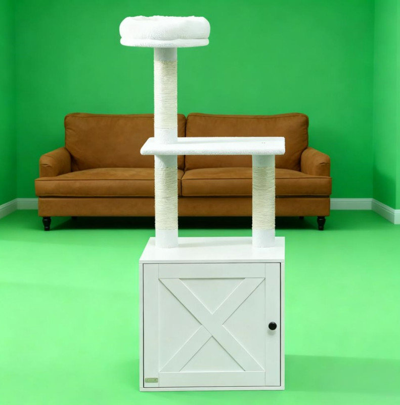 White Cat Tree with Litter Box Enclosure