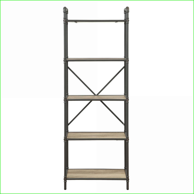 Bookshelf, Industrial 5-Shelf Wood + Metal, Antique Oak &amp; Light Grey, 63.5"H | Open Back