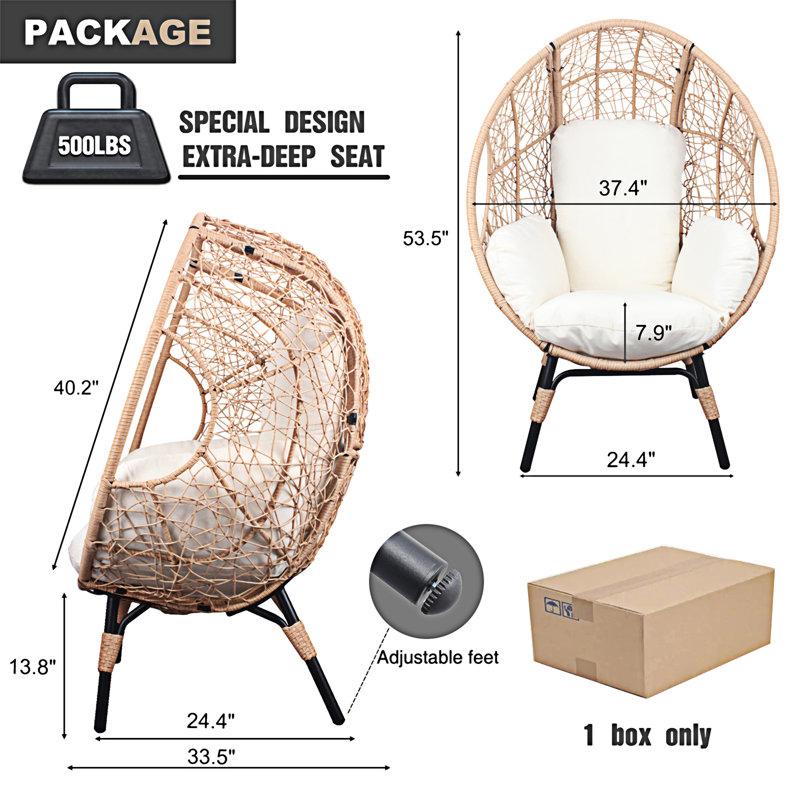 Chaise de patio en osier PE avec coussin en rotin, modèle 3, Blanc, Naturel