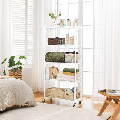 Heavy Duty Foldable Metal Storage Shelves With Wheels, 5-Tier Organizer Rack For Garage, Kitchen, Basement, And Pantry