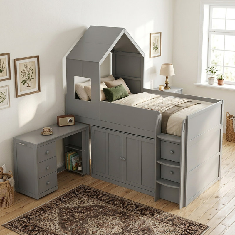 Lit mezzanine simple simple avec bureau coulissant et armoires de rangement, lit en bois de pin massif avec tiroirs et marches, cadre de lit junior multifonctionnel peu encombrant