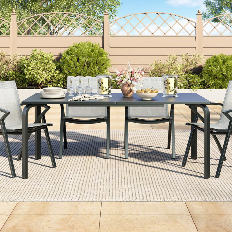 71-Inch  Table with Umbrella Hole - Aluminum Patio Table in Gray for Restaurant. Backyard or Poolside Use