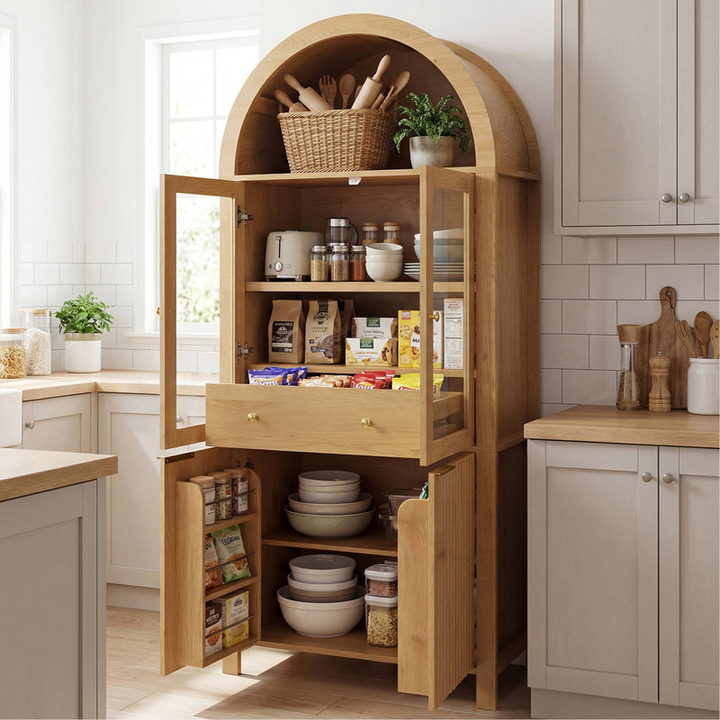 71" Fluted Tall Arched Pantry Cabinet With Adjustable Shelves, Elegant Display Storage With Hidden Drawer & Glass Door For Kitchen, Living Room, Dining Room, Oak