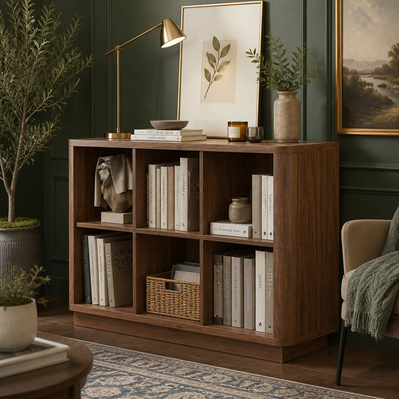 Bibliothèque à 6 cubes, bibliothèque horizontale de 40 po de large avec bordure incurvée, bibliothèque à 2 niveaux avec base en bois, base courte pour chambre à coucher, salon, bureau, noyer